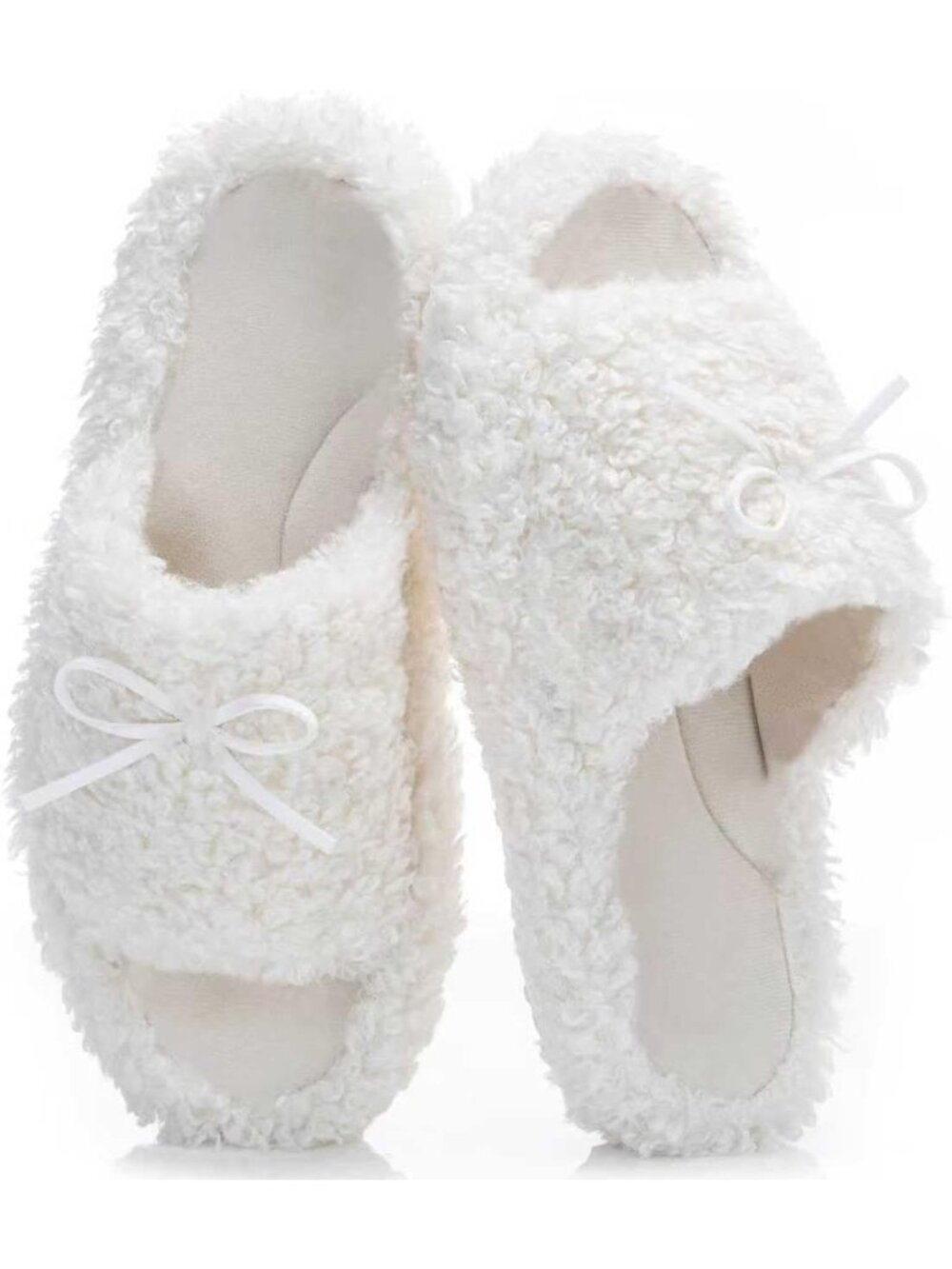 Women's Cream White 1 Open Toe Bow Knot Double Strap Memory Foam Indoor Slippers
